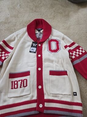 Wellensteyn Ohio State Cream & Red Cardigan Patch Sweater